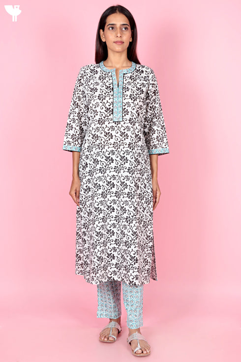 Cotton Kurta Pant Set With Kota Dupatta In Block Print